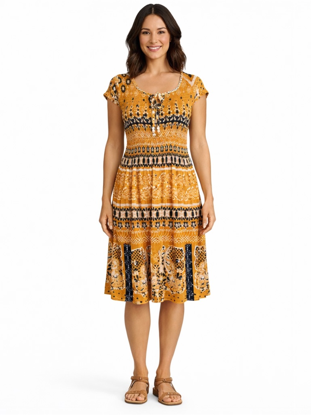 Smocked Waist Mustard Print Mini Dress with Tie Front